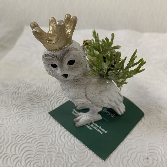 5 Christmas Tree Ornaments Fox Bear Owl with Crowns Ceramic White Green Gold Lot - Picture 9 of 16